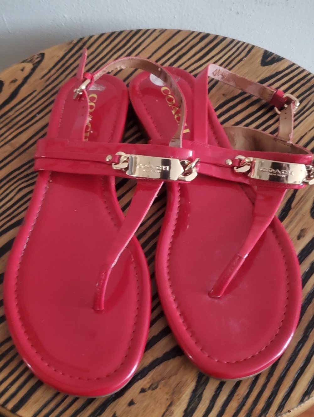 Coach Caterine Red Patent Leather T-Strap Sandals